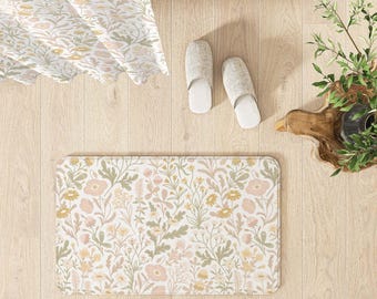 Small Pastel Pink Floral Bath Mat | Coquette Cottagecore Bathroom Decor | Matching Shower Curtain Option