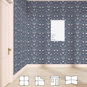Blue Art Nouveau Floral Wallpaper | Peel and Stick, PrePasted, Unpasted | William Morris Damask | FL077-NAVY image 4