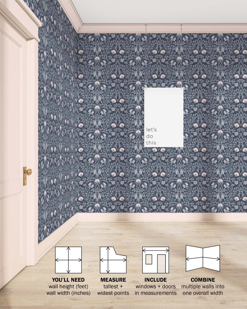 Blue Art Nouveau Floral Wallpaper | Peel and Stick, PrePasted, Unpasted | William Morris Damask | FL077-NAVY image 4