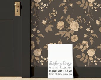 Black Vintage Floral Wallpaper | Peel and Stick, PrePasted, Unpasted | Moody Gothic Dark Academia | FL080-GOLD