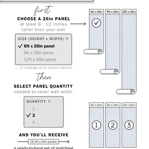 May include: A diagram showing how to order wallpaper panels for a wall. The diagram shows three different sizes of panels: 6ft x 26in, 9ft x 26in, and 12ft x 26in. The diagram also shows how to calculate the number of panels needed to cover a wall. The text on the diagram says "Flexible Ordering Create-Your-Own Coverage".