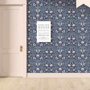 Blue Art Nouveau Floral Wallpaper | Peel and Stick, PrePasted, Unpasted | William Morris Damask | FL077-NAVY image 2