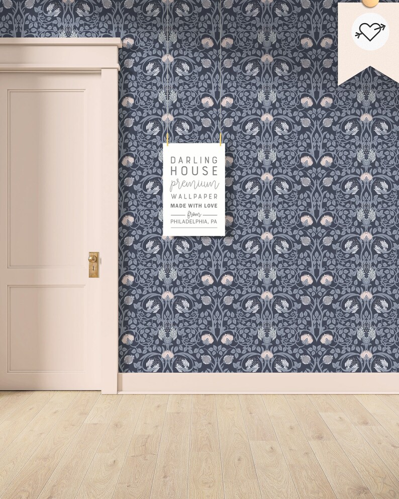 Blue Art Nouveau Floral Wallpaper | Peel and Stick, PrePasted, Unpasted | William Morris Damask | FL077-NAVY image 2