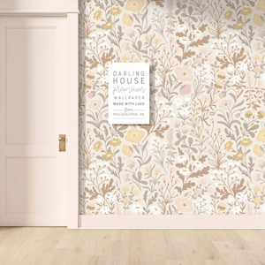 Large Neutral Wildflower Wallpaper | Removable Peel Stick | Vintage Floral Bedroom Bathroom Mural | Boho Botanical Nursery Decor | FL097-TAN
