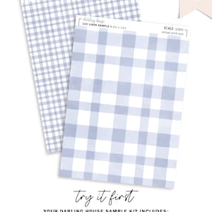 May include: Two 8.5 by 12 inch swatches of blue and white gingham fabric printed on lux linen paper. The swatches are labeled "darling house LUX LINEN SAMPLE 8.5in x 12in". One swatch is labeled "SCALE: 25% for illustration only" and the other is labeled "SCALE: 100% actual print size".