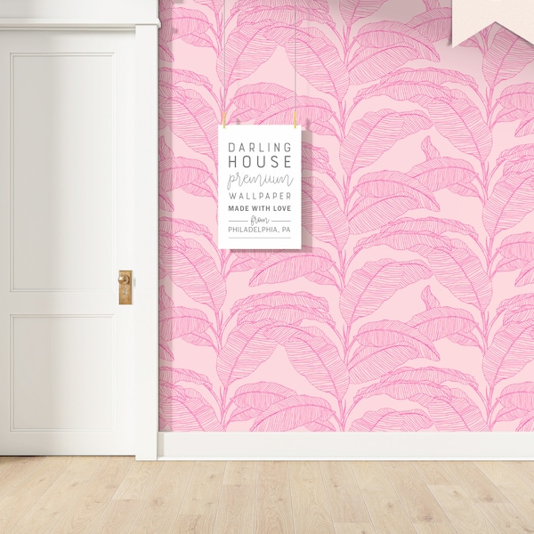 Hot Pink Tropical Banana Leaf Wallpaper | Premium Removable Peel Stick | Colorful Bright Botanical Mural | Funky 70s Maximalist Decor |BT015