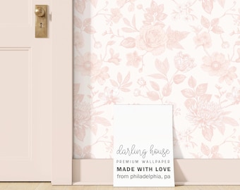 Blush Floral Toile Wallpaper | Peel and Stick, PrePasted, Unpasted | Coquette Cottagecore Grandmillenial | FL087-PINK