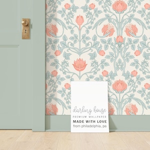 Sage Green William Morris Botanical Wallpaper | Premium Removable Peel Stick | Art Nouveau Floral | Vintage Damask Wall Decor | FL076-CORL