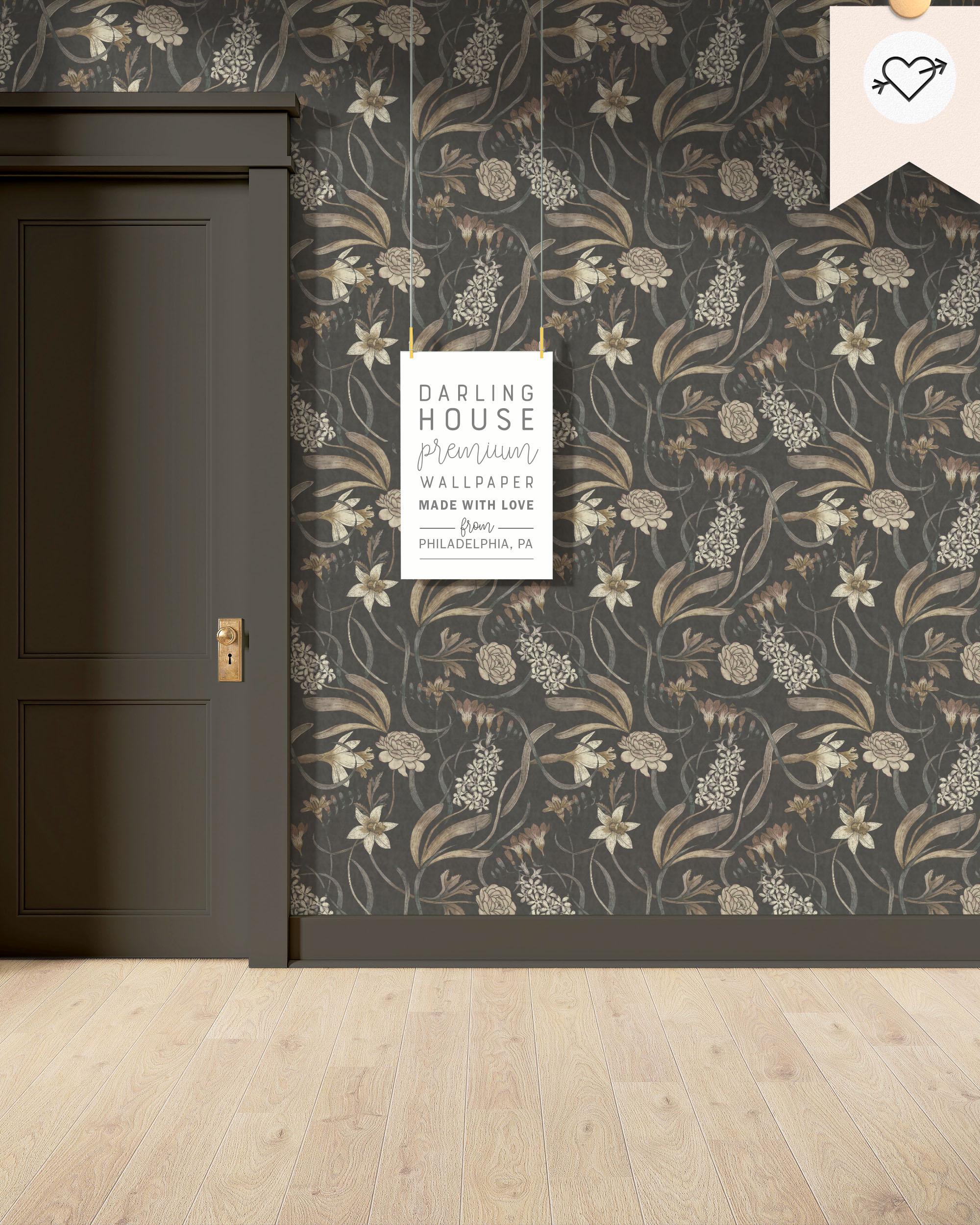 Boho Brown Floral Wallpaper | Premium Removable Peel Stick | Cozy Autumn Botanical Home Decor | Moody Black Dark Academia Wall Mural | BT005