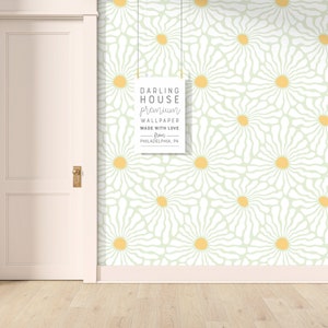 60s 70s Retro Floral Wallpaper | Premium Removable Peel Stick | Sage Green White Daisy Flower | Bedroom Bathroom Nursery Wall Decor |FL071-G