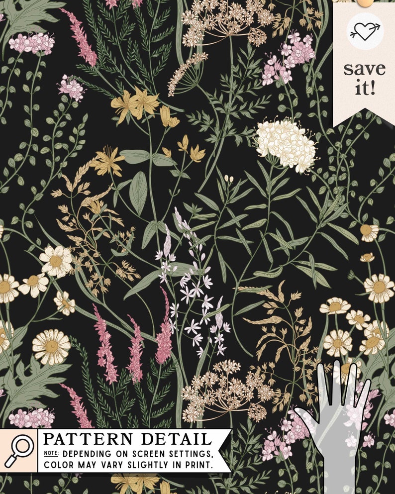 Moody Wildflower Meadow Black Shower Curtain | Dark Academia Cottagecore Floral | Boho Vintage Aesthetic Decor | Funky Maximalist Bathroom