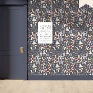 Colorful Dark Floral Wallpaper | Premium Removable Peel Stick | Bedroom Bathroom Wildflower Botanical Mural | Moody Maximalist Decor | FL046