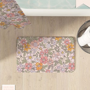 Pink Vintage Floral Bath Mat + Shower Curtain Set | Retro Microfiber ...