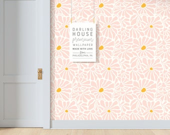 Retro Daisy Sunflower Wallpaper | Peel and Stick, PrePasted, Unpasted | Funky Boho Floral | FL072-PINK