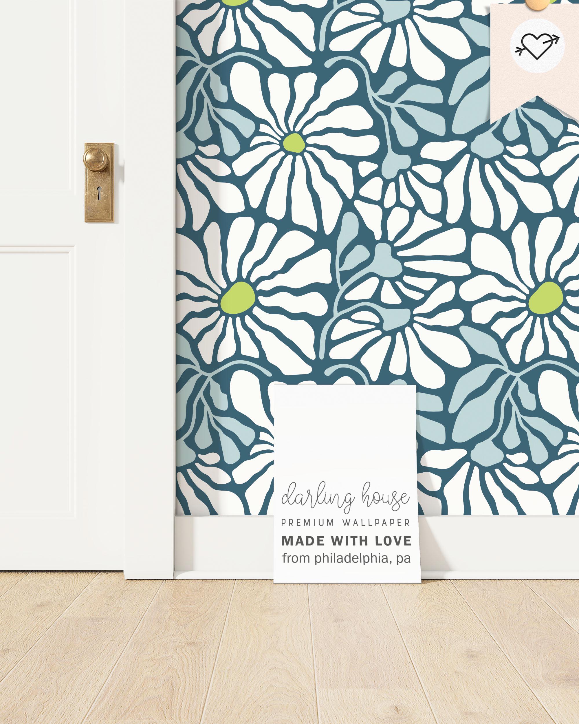 Funky Sunflower Daisy Wallpaper | Premium Removable Peel Stick | Navy Blue Matisse Floral | Whimsical Eclectic Home Decor | FL072-BLUGRE