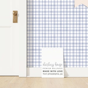 Blue Gingham Plaid Wallpaper | Premium Removable Peel Stick | Preppy Coastal Bedroom Bathroom | French Country Farmhouse Wall Decor | GE010
