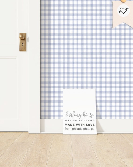 Blue Gingham Plaid Wallpaper | Premium Removable Peel Stick | Preppy Coastal Bedroom Bathroom | French Country Farmhouse Wall Decor | GE010
