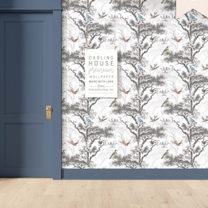 Whimsical Forest Bird Toile Wallpaper Premium Removable Peel Stick Scenic Woodland Landscape Mural Bedroom Bathroom Nursery NA007 image 2