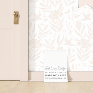 Whimsical Blush Pink Floral Wallpaper | Removable Peel Stick | Preppy Cottagecore Bedroom Bathroom | Girls Nursery Wall Decor | FL024-W