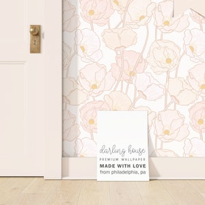 Blush Pink Poppy Floral Wallpaper | Removable Peel Stick | Bright Colorful Bedroom Bathroom Nursery | Cute Boho Botanical Decor | FL021-B