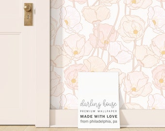Blush Pink Poppy Floral Wallpaper | Removable Peel Stick | Bright Colorful Bedroom Bathroom Nursery | Cute Boho Botanical Decor | FL021-B