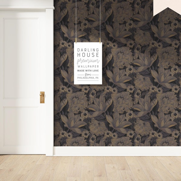 Vintage Floral Black Wallpaper | Premium Removable Peel & Stick | Moody Gothic Victorian Botanical | Dark Academia Maximalist Decor |FL018_G