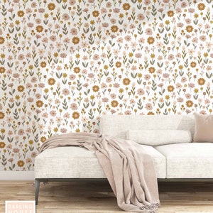 Boho Terracotta Floral Wallpaper | Premium Removable Peel and Stick | Modern Farmhouse Cottagecore Botanical | Girls Nursery Bedroom | FL045