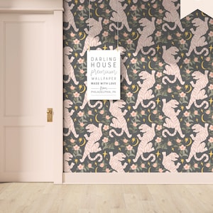 Colorful Pink Tiger Black Wallpaper | Premium Removable Peel Stick | Tropical Floral Dark Botanical Mural | Funky Maximalist Decor | NA011-B