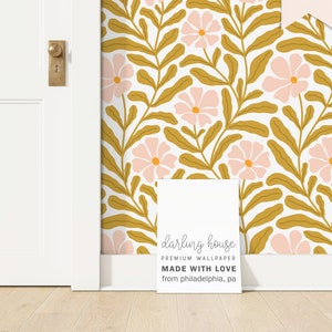 Small Boho Pink Daisy Wallpaper | Premium Removable Peel Stick | Funky Retro 60s 70s Floral | Vintage Abstract Matisse Botanical | FL074-G