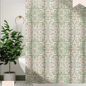 Art Nouveau Shower Curtain | Green Pink William Morris Floral | Botanical Vintage Bathroom | Colorful Cottagecore Modern Farmhouse Decor