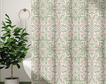 Art Nouveau Shower Curtain | Green Pink William Morris Floral | Botanical Vintage Bathroom | Colorful Cottagecore Modern Farmhouse Decor