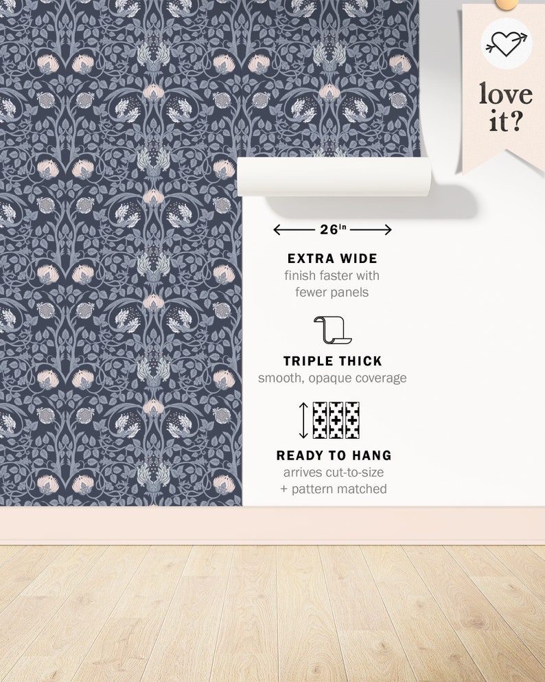Blue Art Nouveau Floral Wallpaper | Peel and Stick, PrePasted, Unpasted | William Morris Damask | FL077-NAVY image 3
