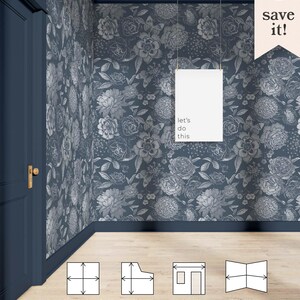 May include: A graphic showing how to measure a wall for wallpaper. The graphic shows a room with a floral wallpaper pattern in shades of gray and blue. The text on the graphic says "You'll need wall height (feet) wall width (inches)", "Measure tallest + widest points", "Include windows + doors in measurements", and "Combine multiple walls into one overall width".