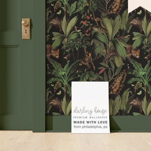 Tropical Jungle Black Wallpaper | Premium Removable Peel Stick | Vintage Emerald Green Botanical Mural | Moody Dark Academia Decor | BT001-W