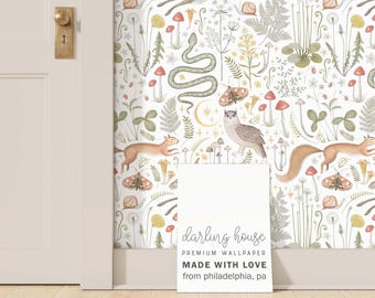Whimsical Woodland Animal Wallpaper | Peel and Stick, PrePasted, Unpasted | Boho Mystical Forest | BT004-WHTE