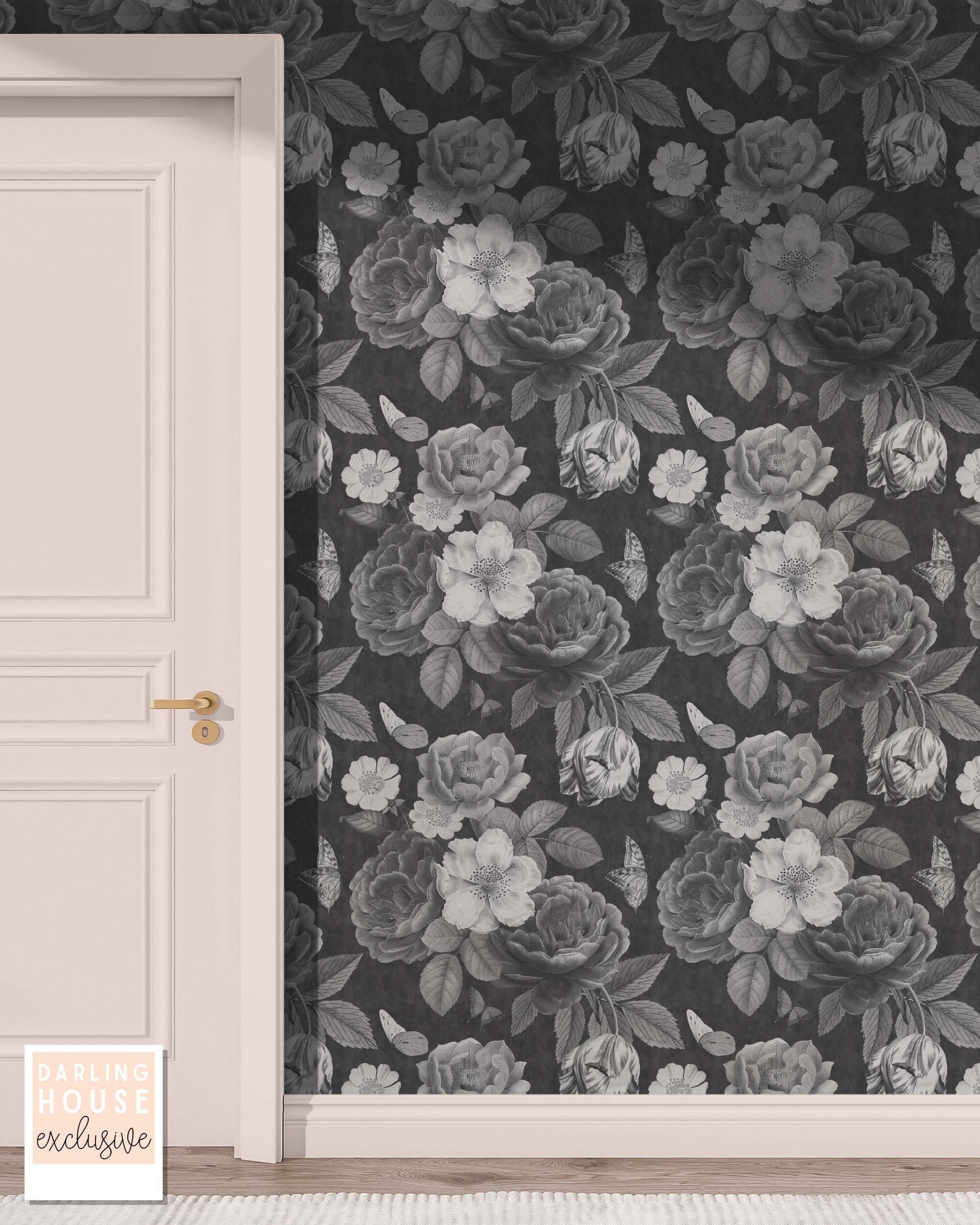Black White Large Floral Wallpaper Premium Removable Peel - Etsy Black White Large Floral Wallpaper Premium Removable Peel - Etsy