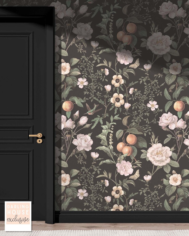 Large Antique Floral Black Wallpaper Premium Removable Peel Etsy