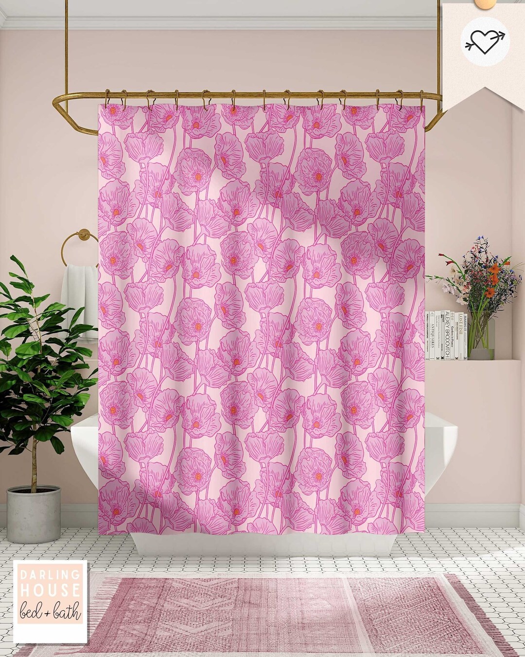 Hot Pink Floral Shower Curtain Bright Colorful Poppy Flower Preppy Boho Vintage Fun Girls