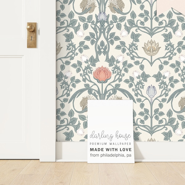 William Morris Floral Wallpaper | Peel and Stick, PrePasted, Unpasted | Victorian Art Nouveau Damask | FL076-MULT