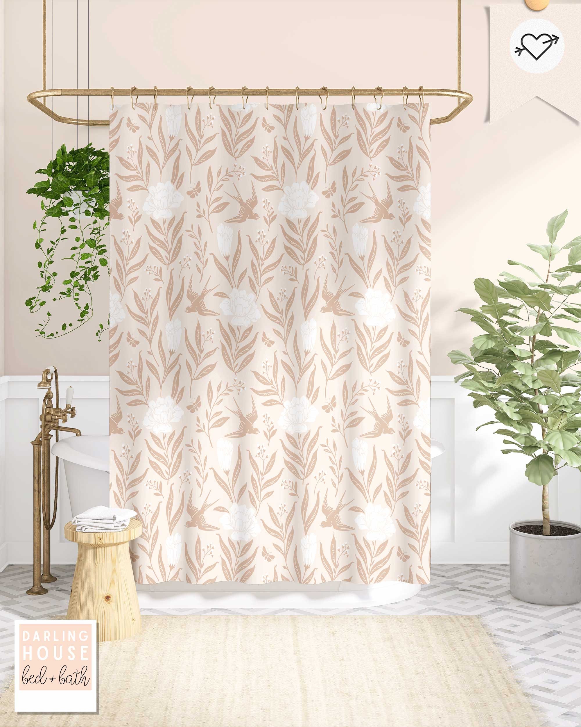 Blush Pink Shower Curtain Retro Scandinavian Folk Art Floral Etsy