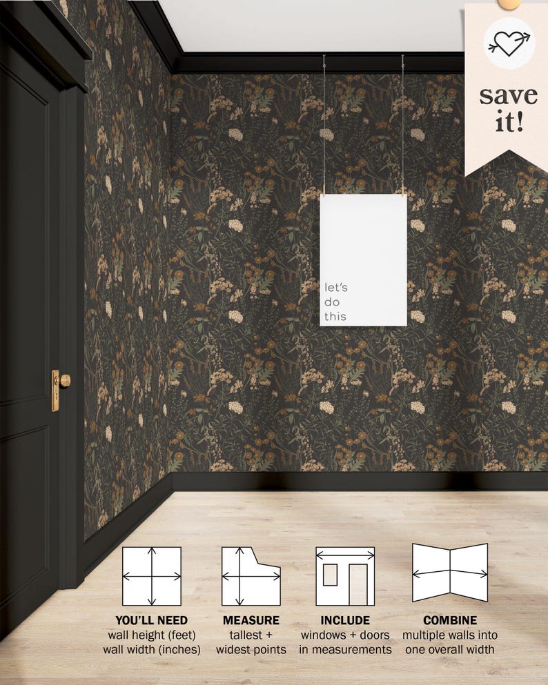 Puede incluir: Una ilustraci&oacute;n gr&aacute;fica que muestra c&oacute;mo medir una habitaci&oacute;n para papel tapiz. La ilustraci&oacute;n muestra una habitaci&oacute;n con una puerta y una ventana. El texto dice "Necesitar&aacute;s altura de la pared (pies) ancho de la pared (pulgadas)", "Medir el punto m&aacute;s alto + los puntos m&aacute;s anchos", "Incluir ventanas + puertas en las medidas", y "Combinar varias paredes en un ancho general".