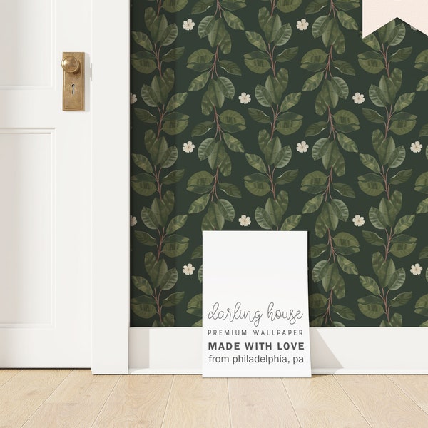 Moody Dark Botanical Wallpaper | Premium Removable Peel Stick | Bold Emerald Green Leaf Mural | Cozy Bedroom Bathroom Accent Walls | BT016