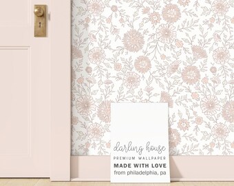 Boho Blush Pink Wildflower Wallpaper | Peel and Stick, PrePasted, Unpasted | Coquette Cottagecore Floral | FL010-BLSH