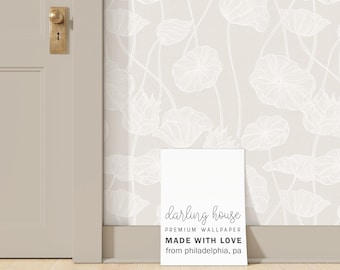 Lotus Flower Wallpaper | Peel and Stick, PrePasted, Unpasted | Minimalist Japandi Floral | BT009-TAN