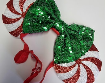 Christmas Candy Cane Minnie Ears: Sequin Bow Headband