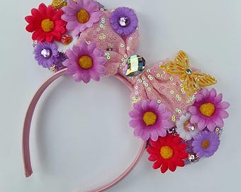 Rapunzel Minnie Ears Headband: Sequin Bow, Flowers & Butterfly