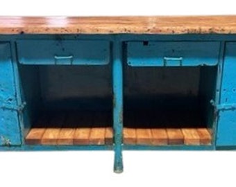 vintage industrial workbench blue with original top