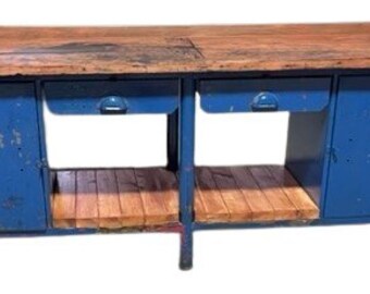 vintage industrial workbench blue with original top