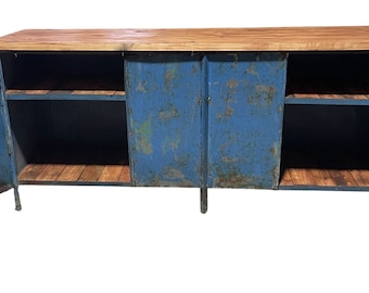 vintage industrial workbench blue with new top