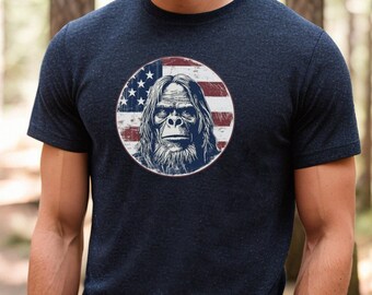Bigfoot American Flag Shirt, Sasquatch tshirt, gift for him, shirts for men, outdoor shirt, vintage style, American flag, graphic shirt